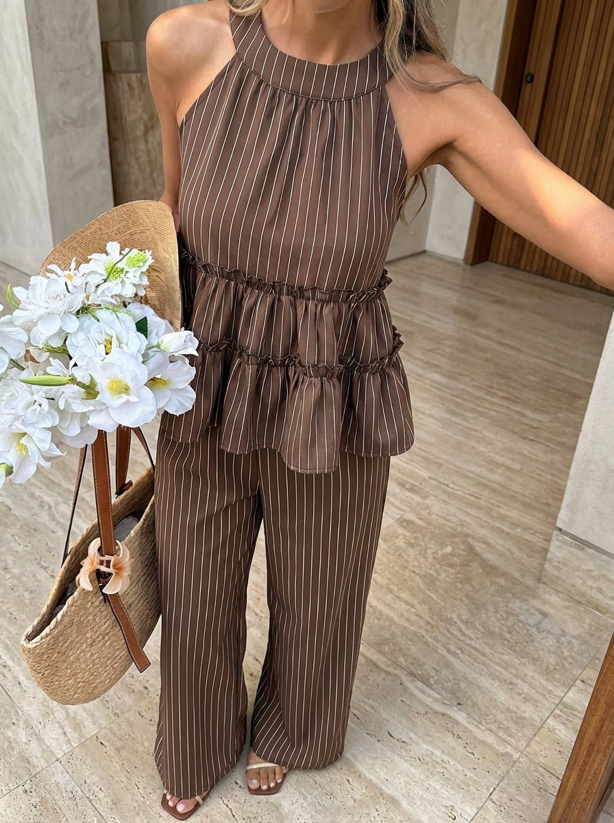 Conjunto Cacao — Top con Volantes y Pantalón Wide Leg