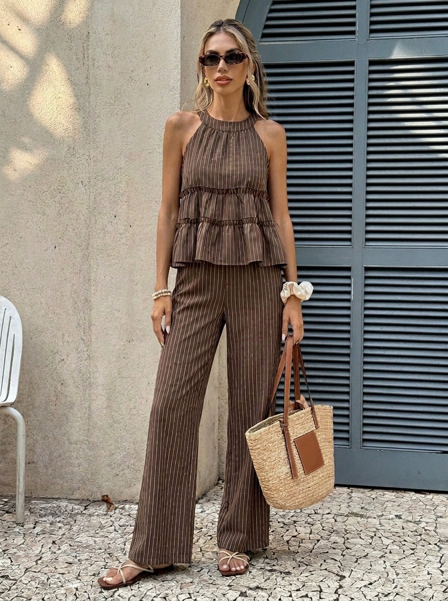 Conjunto Cacao — Top con Volantes y Pantalón Wide Leg